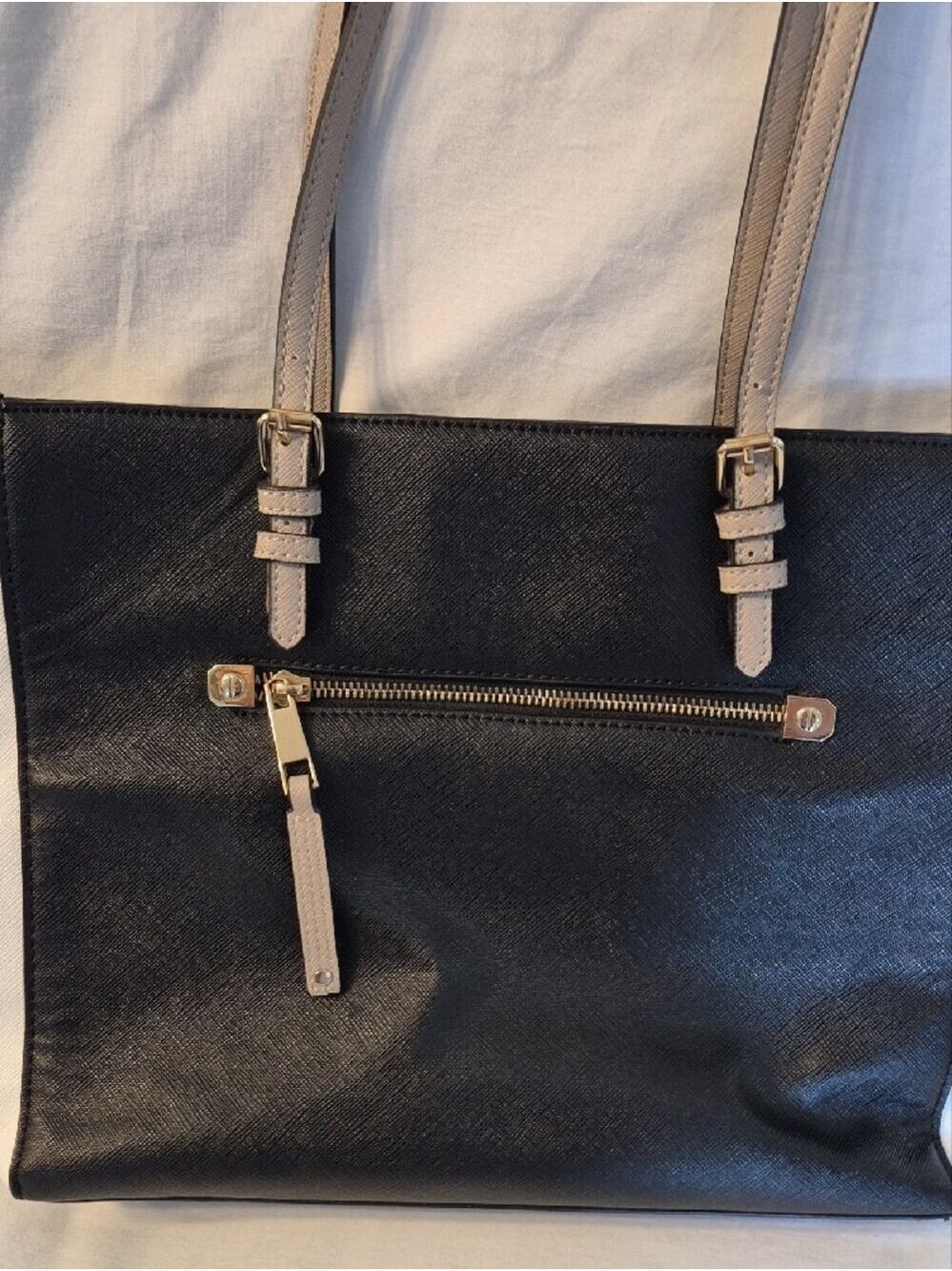 Classic Black and White Tote with Taupe Handles - Picture 2 of 16